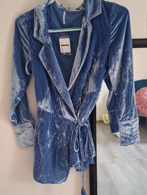Free People NWT Velvet Wrap Shorts Romper Long Sleeve - Blue